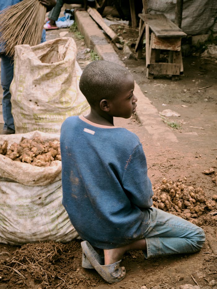 services-09 Young boy working on a farm, sitting by a bag of harvested ginger. Outdoors, rural setting.